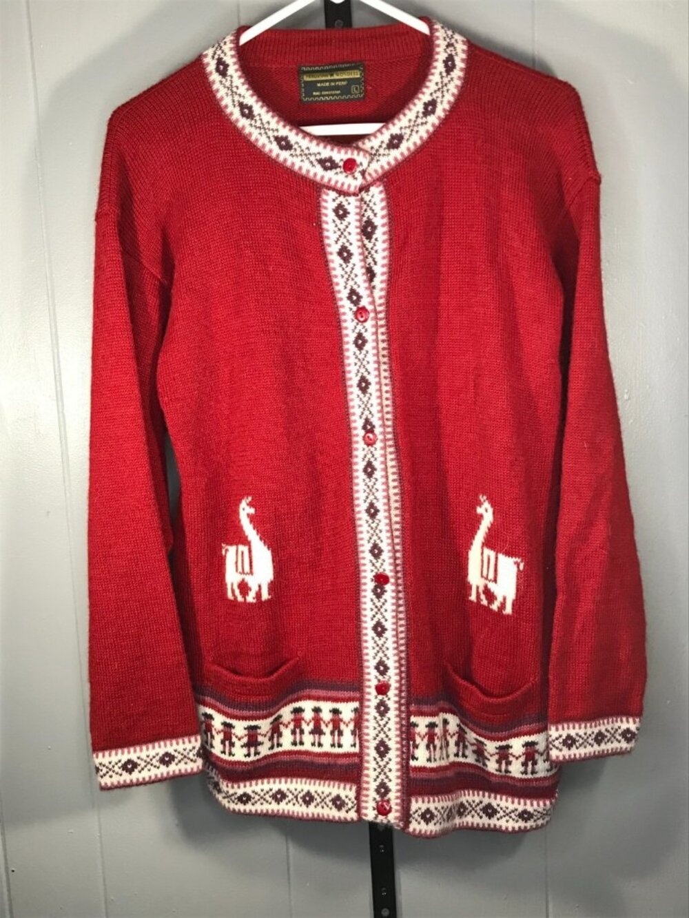 Vintage Peruvian wool Cardigan Red Button Alpaca Lama Sweater Women's LG